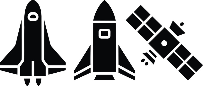 Black and white space shuttle, rocket, and satellite vector icons set