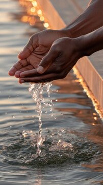 Hands touching water at sunset, calm and mindfulness, relaxation and nature connection.