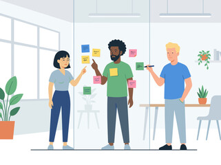 Fototapeta premium Diverse business team collaborate on glass board with sticky notes sharing ideas for project