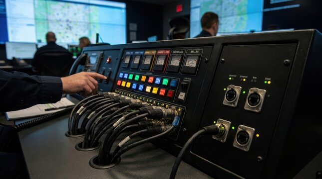 Close-up of a complex communication control panel with illuminated buttons and connected cables, operated by a person in a control room