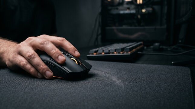 Gamer hand using a computer mouse on a dark desk in a dimly lit room