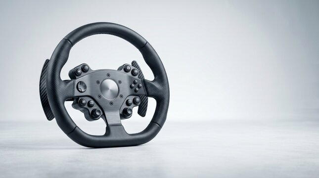 Gaming racing wheel controller for driving simulation on grey background