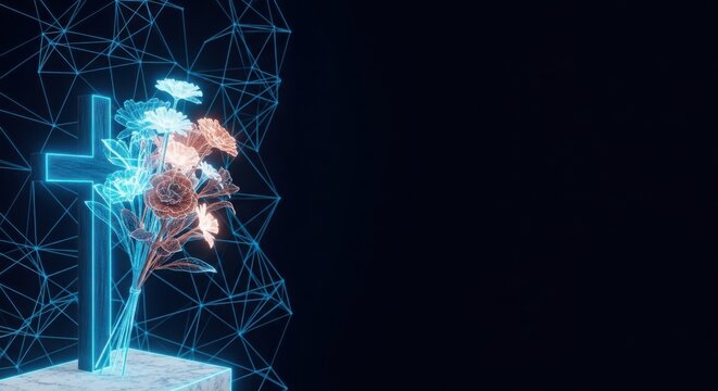 A pixelated image of a cross with a blue glow illustration