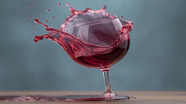 Red wine splashes dramatically from a geometric glass on a wooden surface, with droplets and a blurred teal background enhancing the visual impact