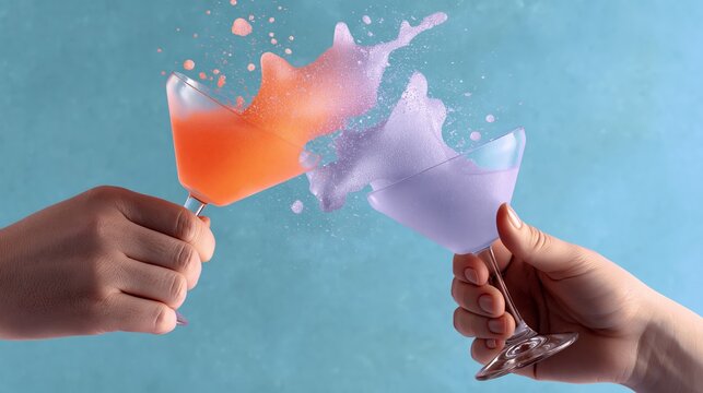Two hands clinking colorful cocktails in martini glasses with splashes against a light blue background, showcasing vibrant orange and purple drinks