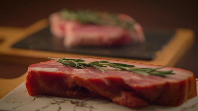 fresh cut raw steak with rosemary on dinner table