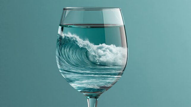 Glass of water with a wave inside, showcasing a surreal blend of liquid and ocean imagery against a solid teal background