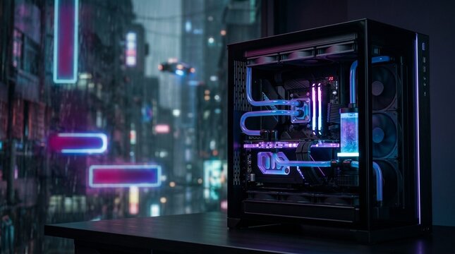 High-end custom gaming PC with liquid cooling on desk in neon city room