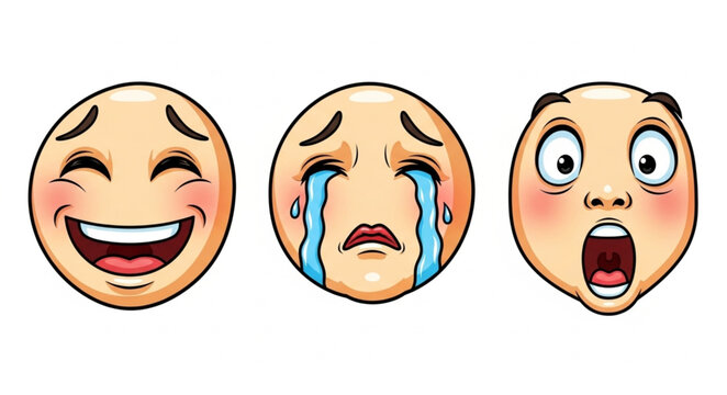 Three expressive emoji faces showing joy sadness and shock.