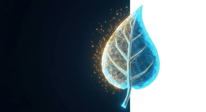 A blue leaf with glowing lines and particles on a black and white background illustration
