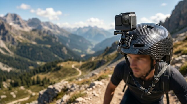 Man wearing a helmet with action camera hiking on a mountain trail outdoors