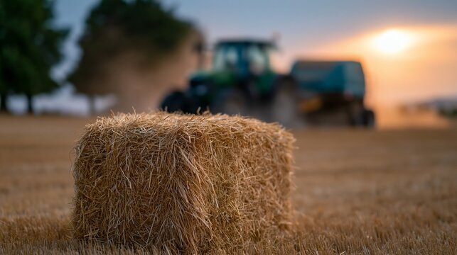 Hay bale in a golden field with a tractor working in the background during sunset, creating a serene rural landscape scene