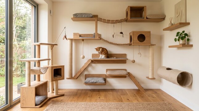 Modern cat wall furniture with climbing structures and scratching posts, creating an interactive play space for felines