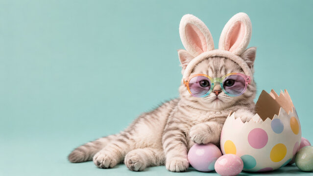 Cute cat wearing bunny ears and glasses, lying with pastel Easter eggs and polka dot egg shell