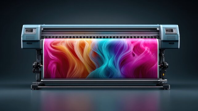 Large format printer printing colorful abstract art on a roll of paper