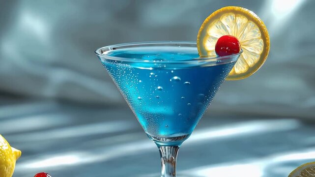 Vibrant blue cocktail in martini glass garnished with fresh lemon slice and maraschino cherry on elegant table in bright light.