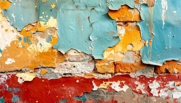 A close-up view of peeling paint on a wall reveals layers of blue, orange, and red paint in a deteriorating urban environment.