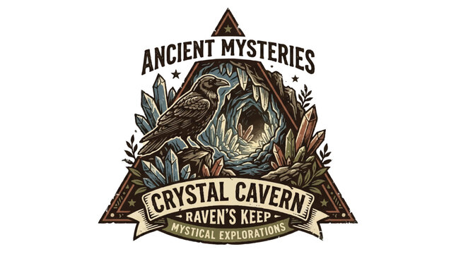 Ancient mysteries logo design raven crystal cavern emblem for exploration