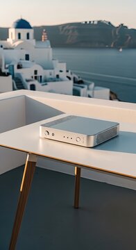 Sleek Mini Computer on Table Santorini Architecture Sea View