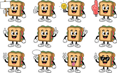 Naklejka premium Cartoon sandwich character illustrations with expressive poses, food mascot, and playful vector design concepts