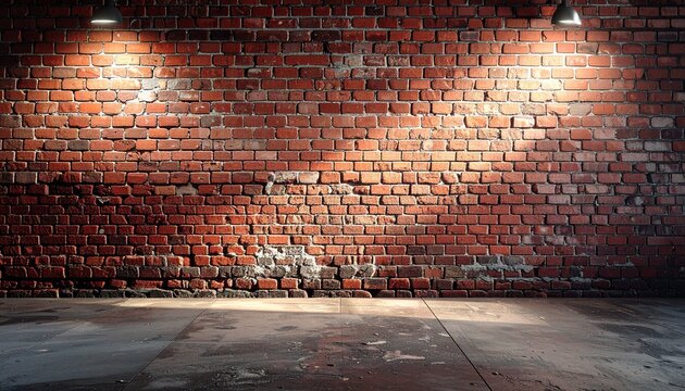 A dimly lit industrial warehouse interior with brick wall and concrete floor illuminated by two spotlights