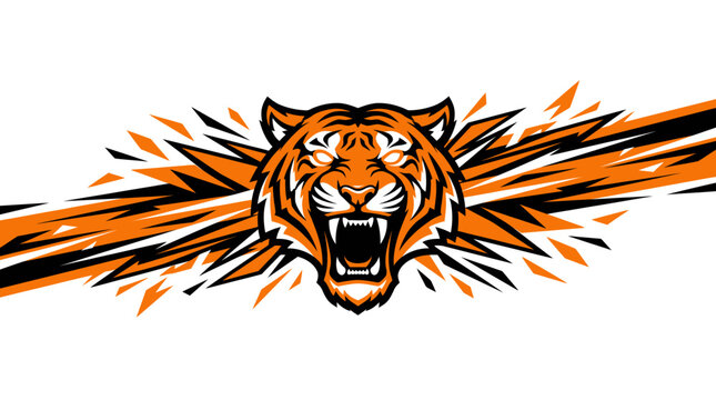 Roaring tiger mascot with orange explosive geometric shards.