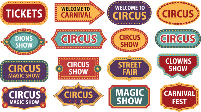 Circus and carnival sign illustrations with vintage retro labels and festive vector design concepts