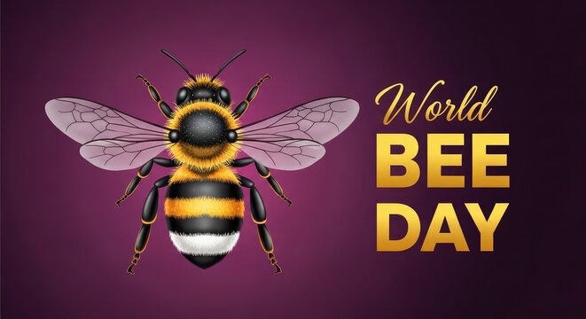 Illustration of a honey bee and honeycomb pattern with World Bee Day text on a purple background