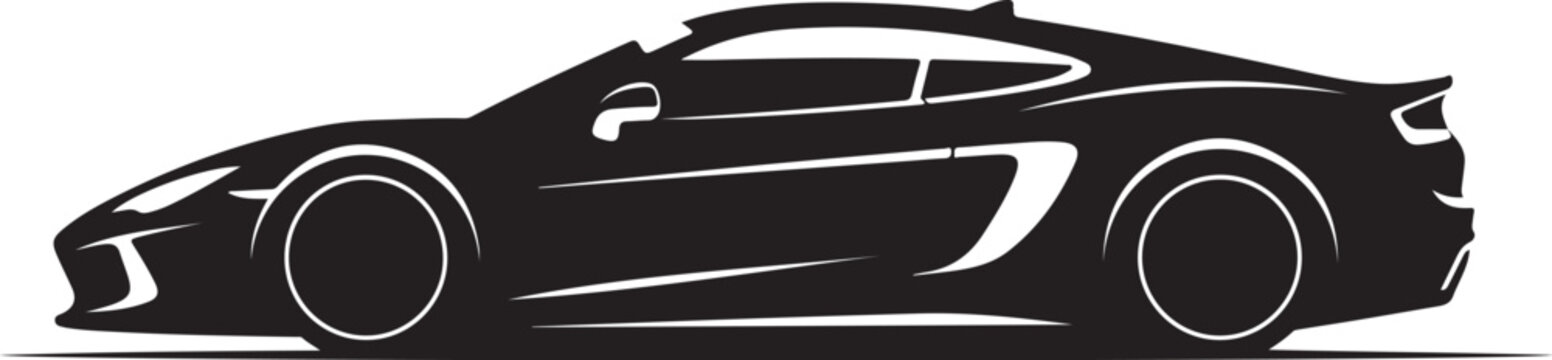 Sleek sports car vector, black silhouette, side view, modern design