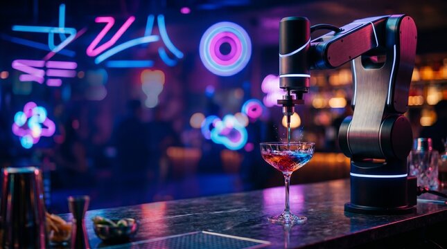Robotic arm pouring a cocktail drink in a neon lit futuristic nightclub