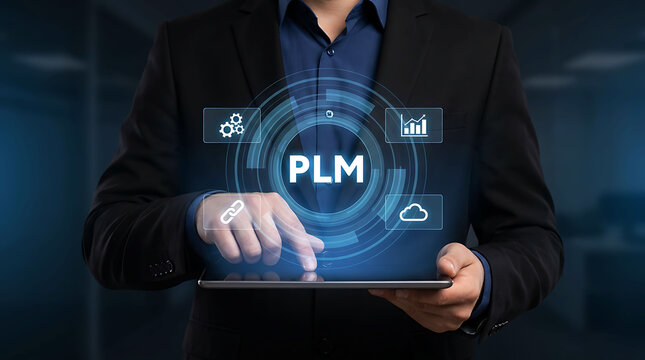 Businessman Managing Product Lifecycle PLM System with Digital Tablet Interface