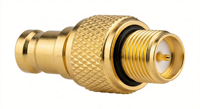 Professional macro of a gold-plated SMA male RF coaxial connector with white Teflon insulation, isolated on a pure white background.