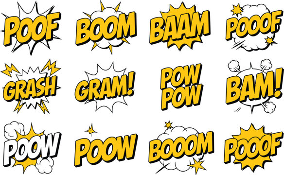 Comic sound effect illustrations with colorful bursts and dynamic onomatopoeia vector design concepts