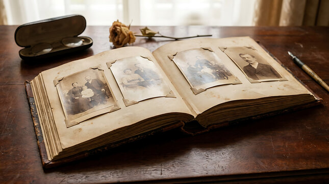 A vintage photo album filled with old photographs open to pages displaying sepia-toned memories, with a dried rose and locket nearby.
