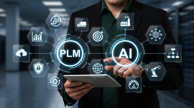 Businessman using tablet for PLM Product Lifecycle Management and AI integration
