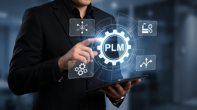Businessman holding glowing PLM Product Lifecycle Management globe with digital icons