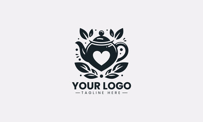 Obraz premium A heart shaped teapot with leaves is illustrated in minimalist black vector logo design