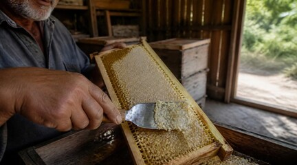 Naklejka premium Beekeeper Uncapping Honeycomb Frame During Honey Harvest