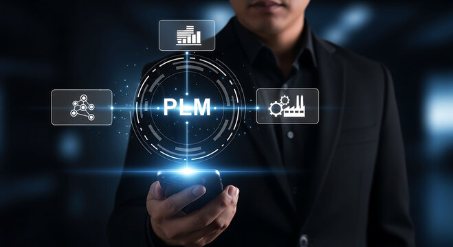 Businessman using smartphone for PLM Product Lifecycle Management digital system