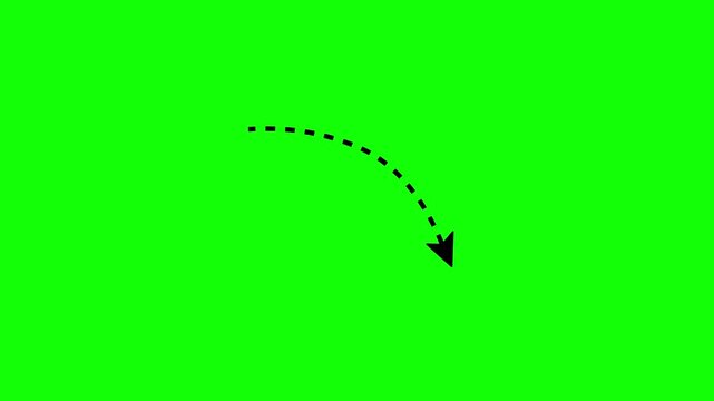 Arrow animation video with broken lines. Sketch arrows, direction indicators curved arrows to the right and down, green background, 4K video.