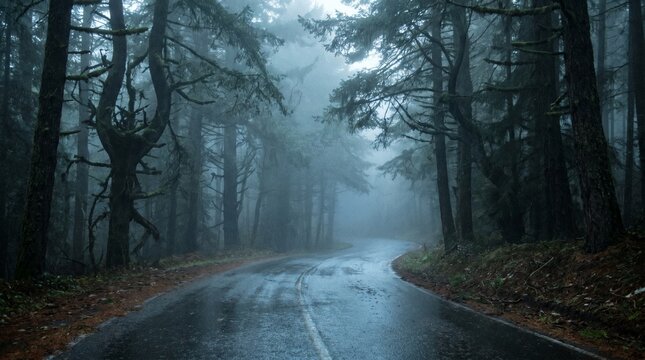 Misty forest road with wet asphalt and tall trees on a foggy day