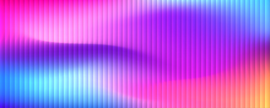 Futuristic abstract vector gradient with transparent glass surface, neon effect. Glossy glasses, ribbed texture, vertical reflection pattern. Color background with glowing wave line, glass distortion.