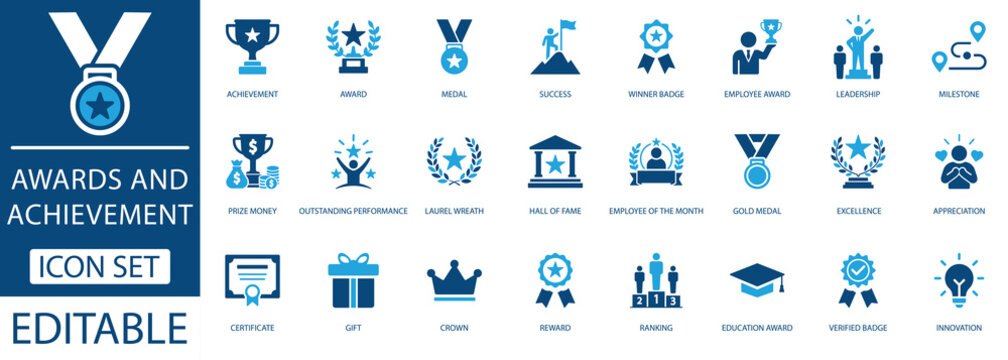 Awards and achievement icon set featuring reward, business, success, and leadership symbols. Editable vector graphics for business excellence and employee recognition.