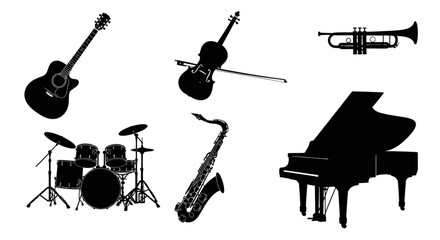 Musical Instruments Silhouette Collection: Guitar, Violin, Saxophone, Trumpet, Piano, Drums © Ulfi