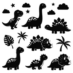 Dinosaur silhouettes with tropical leaves and clouds on a white background © Vector Hub24