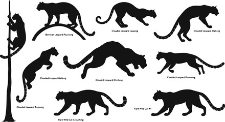 Leopard Cheetah Panther Big Cat Climbing Running Prowling Crouching Silhouette Vector Set Bundle © MinhajulIslam