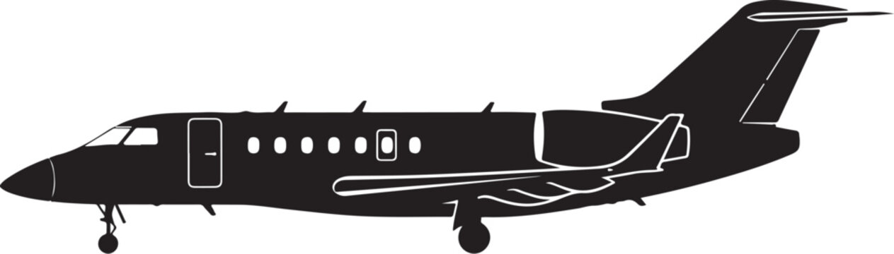 Black airplane, private jet, aircraft silhouette, vector illustration, transportation icon