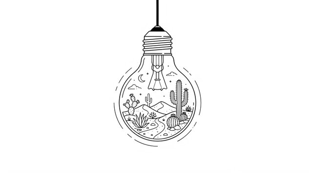 Desert Landscape Inside a Light Bulb Line Art Illustration