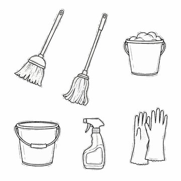 Cleaning supplies set including brooms mops buckets spray bottle and gloves.
