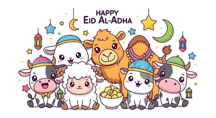 Fototapeta premium Cute Cartoon Animals Collection with Camel, Sheep, and Cow for Eid Al-Adha
